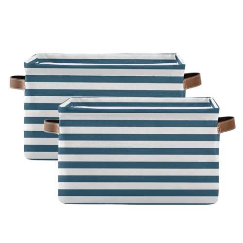 Horizontal Blue Stripes Storage Basket Bins Foldable Decorative Storage Box Laundry Hamper Baskte Storage for Bedroom Office Clothes Pet Nursery Living Room,2 pcs