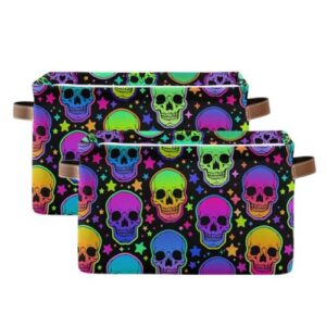 neon skulls storage basket bins decorative toy laundry basket organization with handles for playroom living bed room office clothes nursery,2 pcs