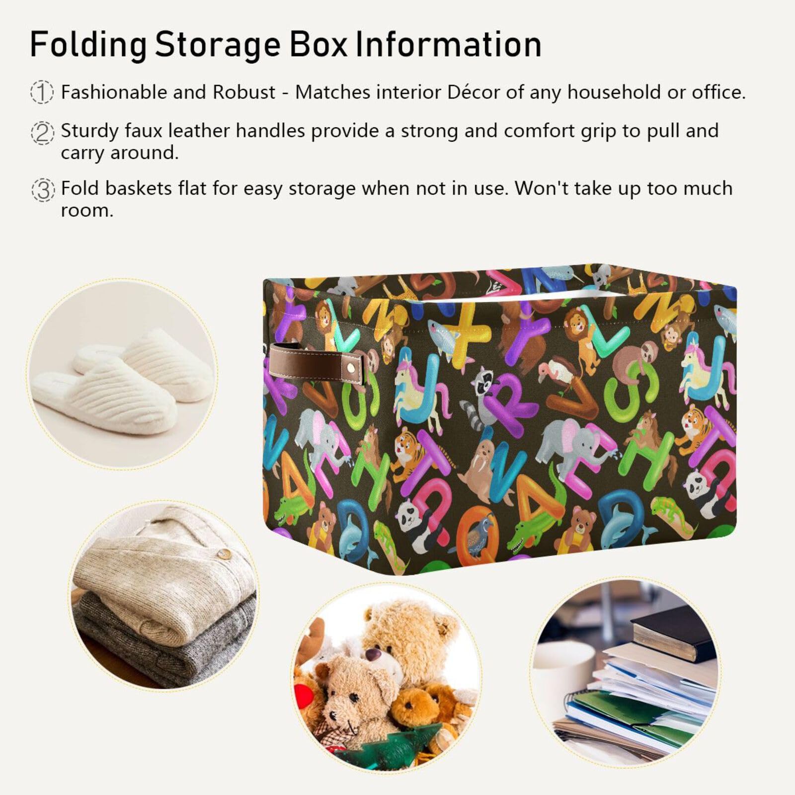 Animals Alphabet Storage Basket Bins Foldable Laundry Hamper Toy Storage Bins Box Organizer for Home Boys Girls Office Closet Shelf Nursery Baskets,1 pcs