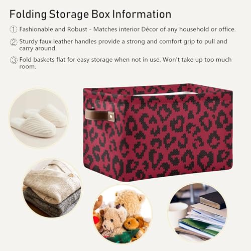 Leopard Knitted Storage Basket Bins Foldable Toy Baskets Organization with Handles Laundry Hamper for Playroom Living Bed Room Office Clothes Nursery,1 pcs