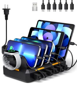 charging station for multiple devices, honcila 6 in 1 multi charger station charging dock for cellphone tablet iphone ipad and more - 50w charging station organizer with 6 mixed charging cables