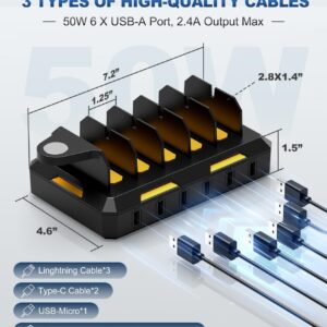 Charging Station for Multiple Devices, Honcila 6 in 1 Multi Charger Station Charging Dock for Cellphone Tablet iPhone iPad and More - 50W Charging Station Organizer with 6 Mixed Charging Cables