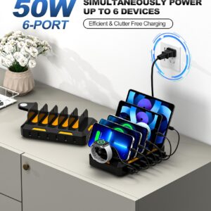 Charging Station for Multiple Devices, Honcila 6 in 1 Multi Charger Station Charging Dock for Cellphone Tablet iPhone iPad and More - 50W Charging Station Organizer with 6 Mixed Charging Cables