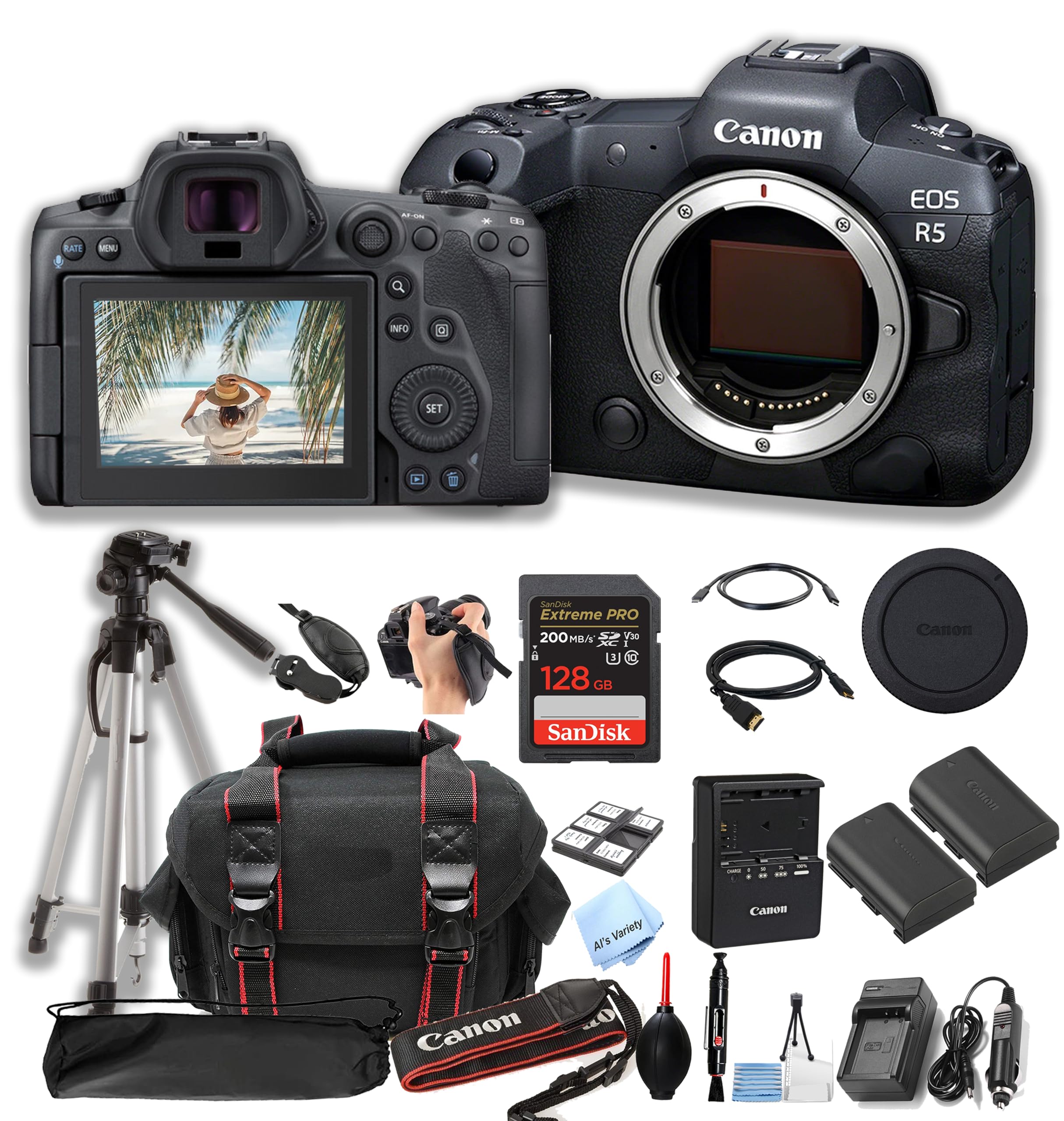 Canon EOS R5 Mirrorless Camera Body + 128GB Pro Speed Memory + Case + Tripod -Proffesional Bundle (Renewed)