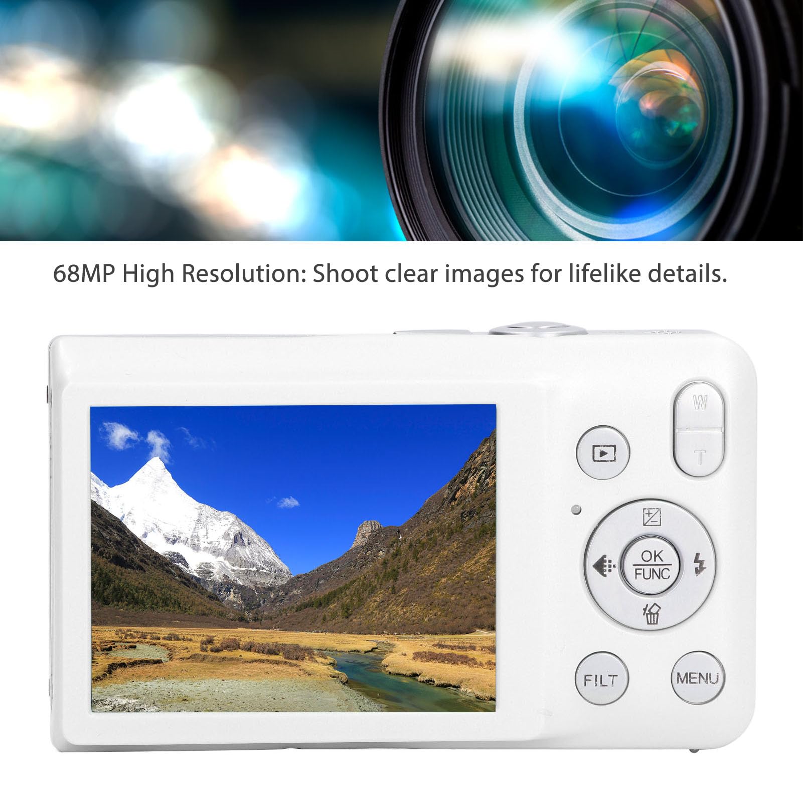 8K Digital Camera, 16X Zoom Beauty Filter Camera with 68MP 2.7in Screen for Photography Video Recording, Compact Small Camera for Boys Girls Kids (White)