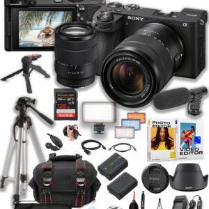 Sony a6700 Mirrorless Camera with 18-135mm Lens + 128GB Pro Speed Memory + Led Video Light + Microphone +Case + Tripod + Software Pack-Pro Video Bundle (Renewed)