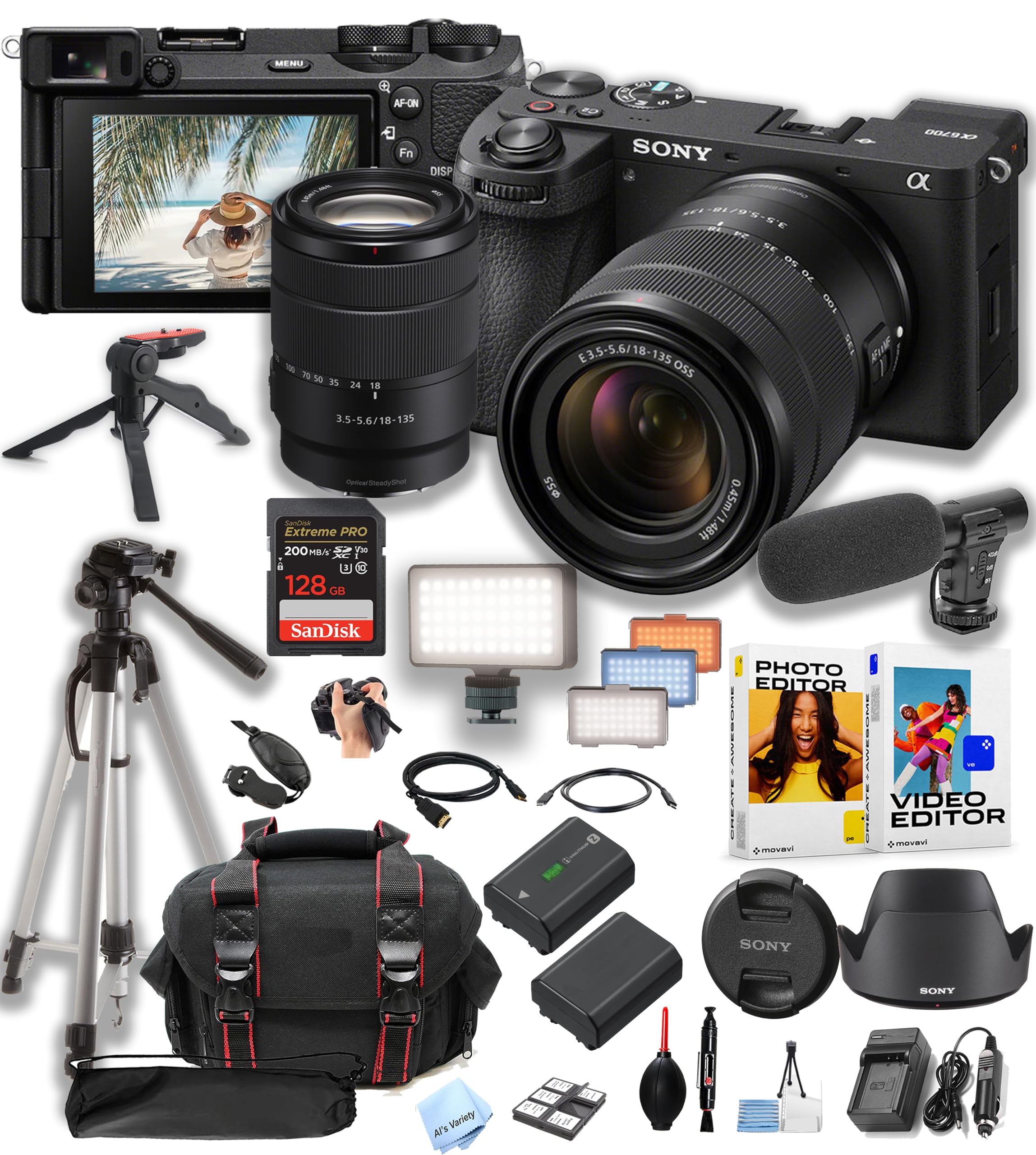 Sony a6700 Mirrorless Camera with 18-135mm Lens + 128GB Pro Speed Memory + Led Video Light + Microphone +Case + Tripod + Software Pack-Pro Video Bundle (Renewed)