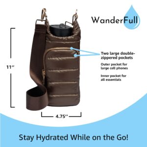 WanderFull Original Crossbody HydroBag | Quilted Water Bottle Carrier | Puffer Tote Tumbler Holder with Pockets for Phone & Accessories | Carry Travel Essentials (Chocolate Brown Shiny/Solid Strap)