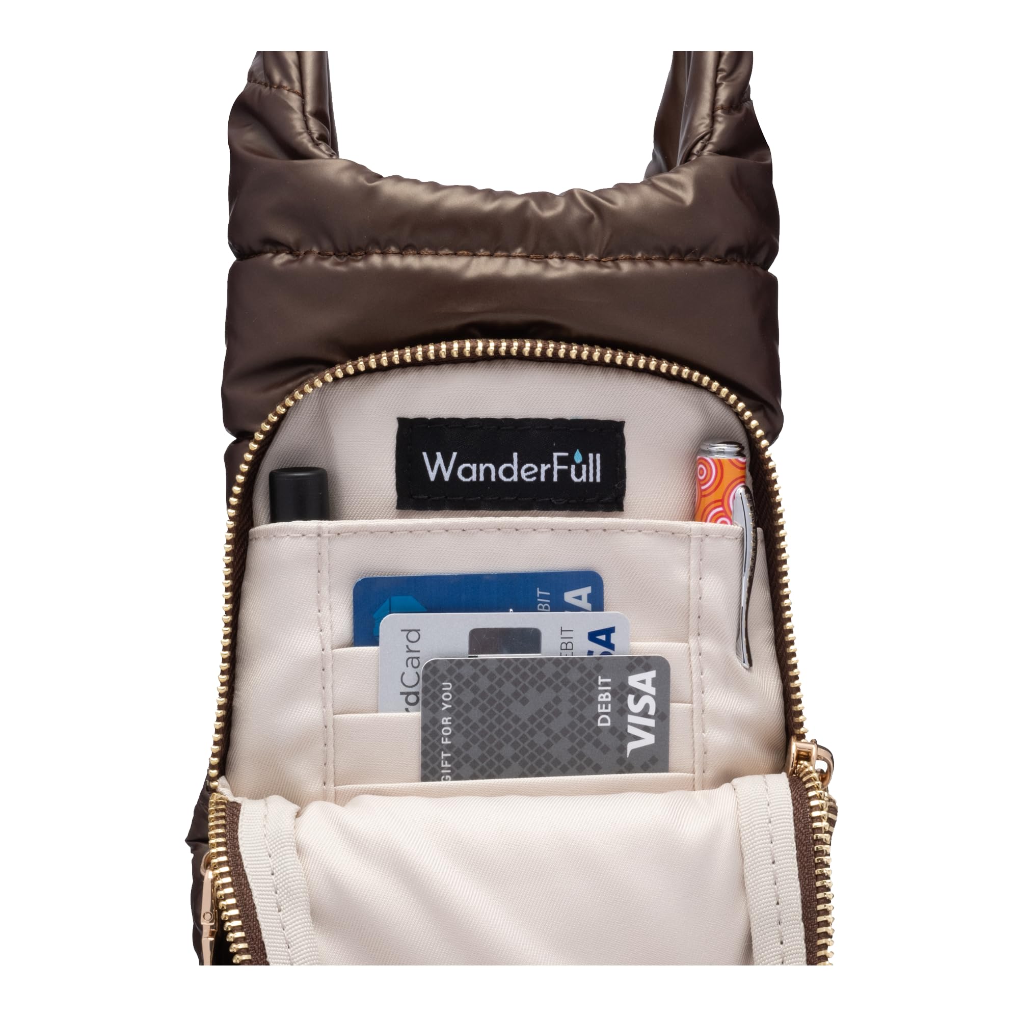 WanderFull Original Crossbody HydroBag | Quilted Water Bottle Carrier | Puffer Tote Tumbler Holder with Pockets for Phone & Accessories | Carry Travel Essentials (Chocolate Brown Shiny/Solid Strap)