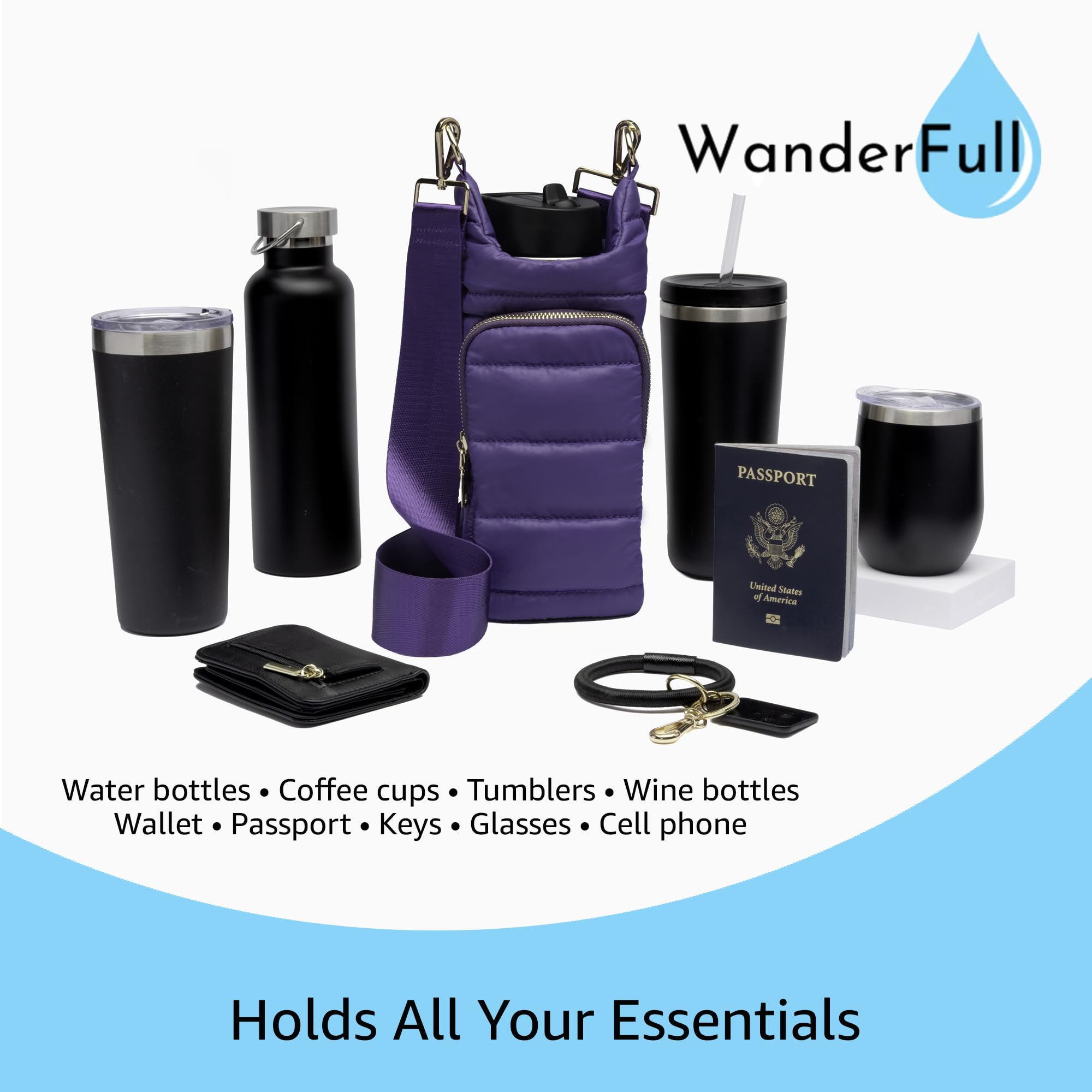 WanderFull Original Crossbody HydroBag | Quilted Water Bottle Carrier | Puffer Tote Tumbler Holder with Pockets for Purse, Phone & Accessories | Carry Travel Essentials (Deep Violet)