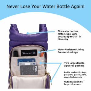 WanderFull Original Crossbody HydroBag | Quilted Water Bottle Carrier | Puffer Tote Tumbler Holder with Pockets for Purse, Phone & Accessories | Carry Travel Essentials (Deep Violet)