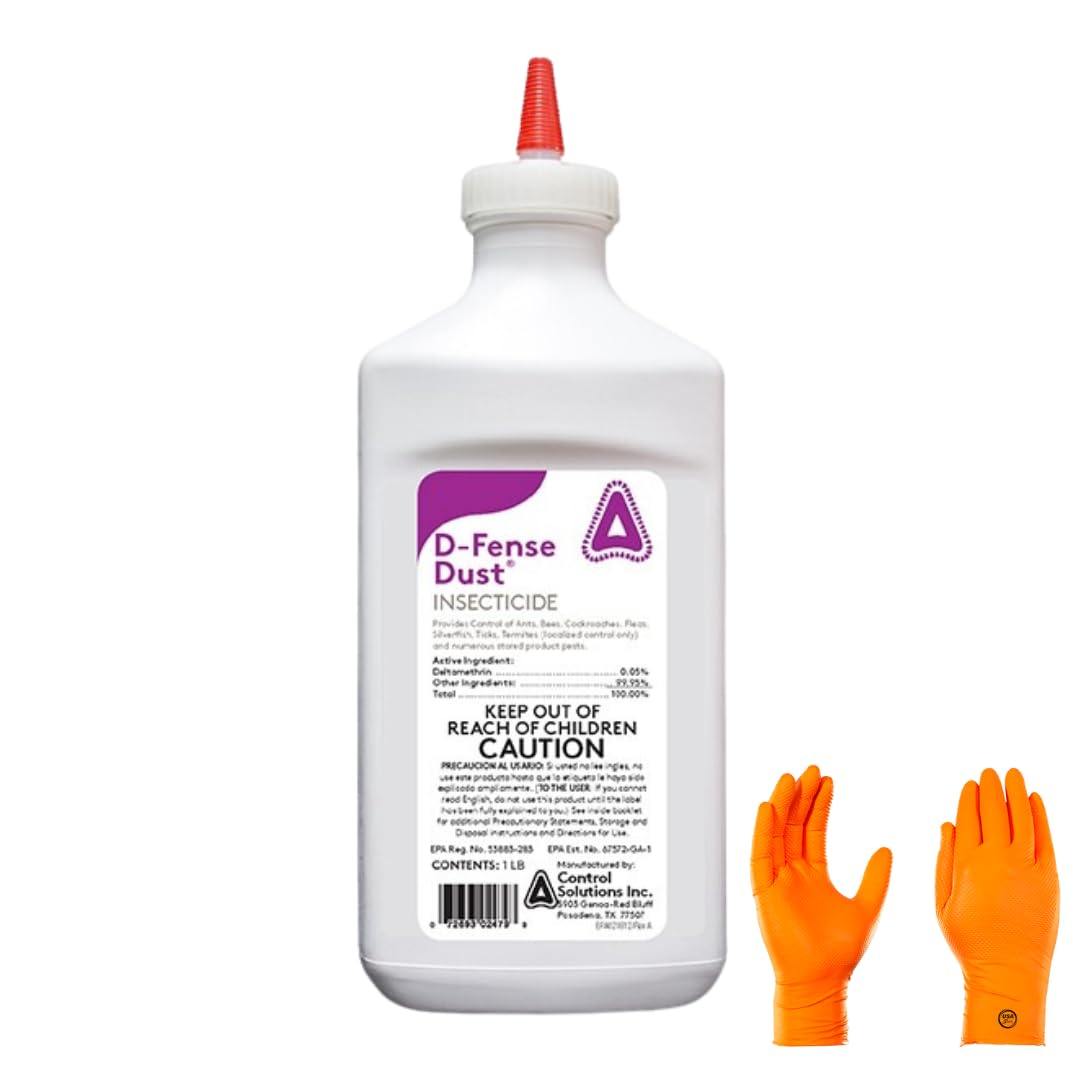 D-Fense Dust 1 lbs - Water Resistant, 8 Month Control, Targets: Ants, roaches, Bed Bugs, Scorpions, Spiders and More with USA Supply Gloves and Pest Identification Card