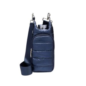 wanderfull original crossbody hydrobag | quilted water bottle carrier | puffer tote tumbler holder with pockets for purse, phone & accessories | carry travel essentials (navy shiny & solid strap)