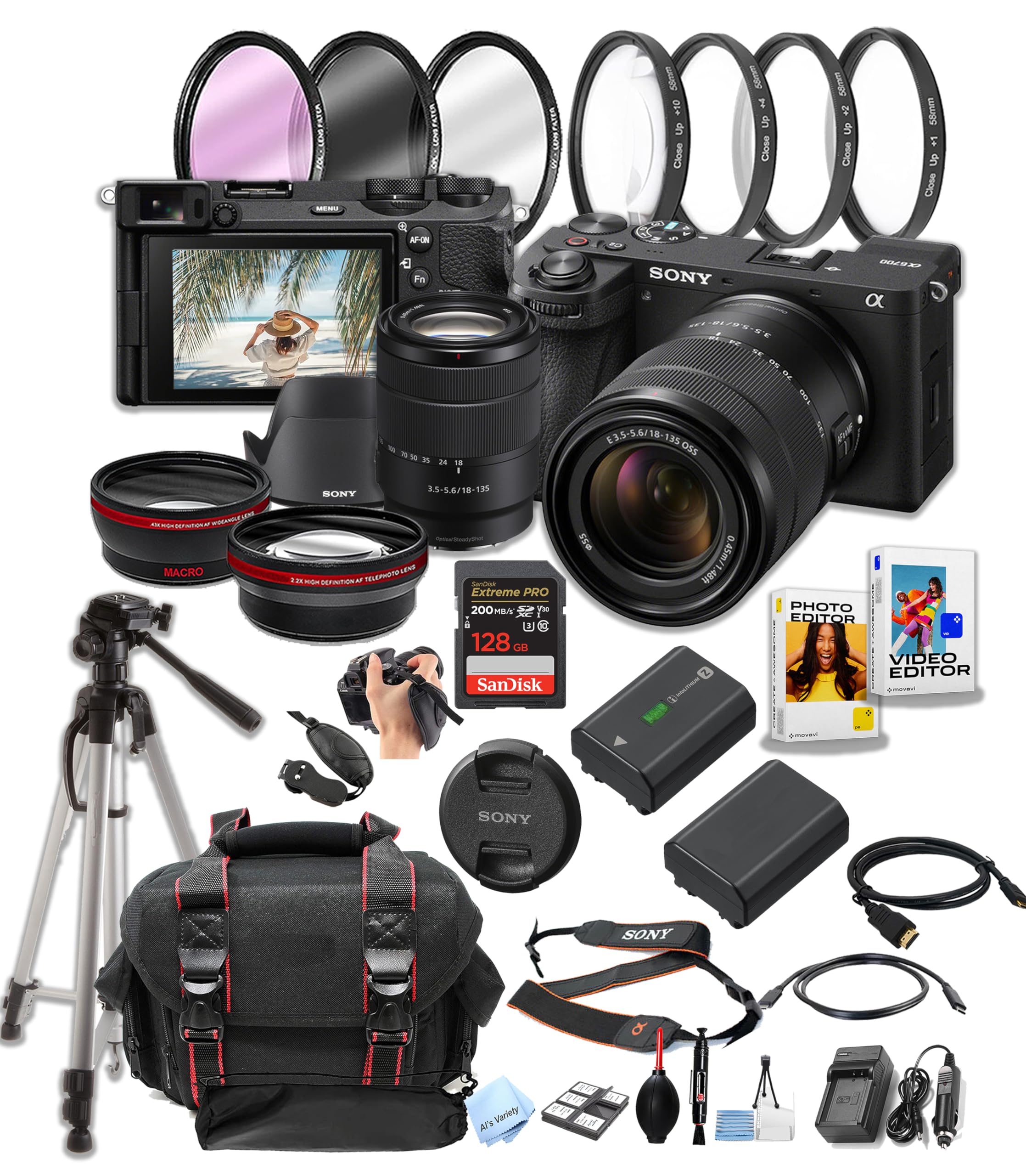 Sony a6700 Mirrorless Camera with 18-135mm Lens + 128GB Pro Speed Memory + Case + Tripod + Software Pack -Proffesional Photo Bundle (Renewed)