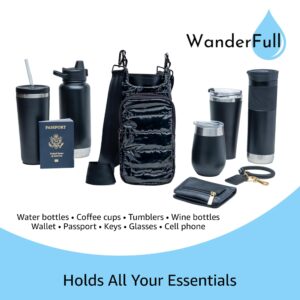 WanderFull Original Crossbody HydroBag | Quilted Water Bottle Carrier | Puffer Tote Tumbler Holder with Pockets for Purse, Phone & Accessories | Carry Travel Essentials (Black Glossy/Black Strap)