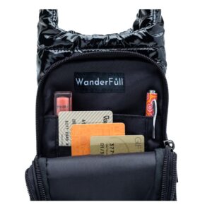 WanderFull Original Crossbody HydroBag | Quilted Water Bottle Carrier | Puffer Tote Tumbler Holder with Pockets for Purse, Phone & Accessories | Carry Travel Essentials (Black Glossy/Black Strap)