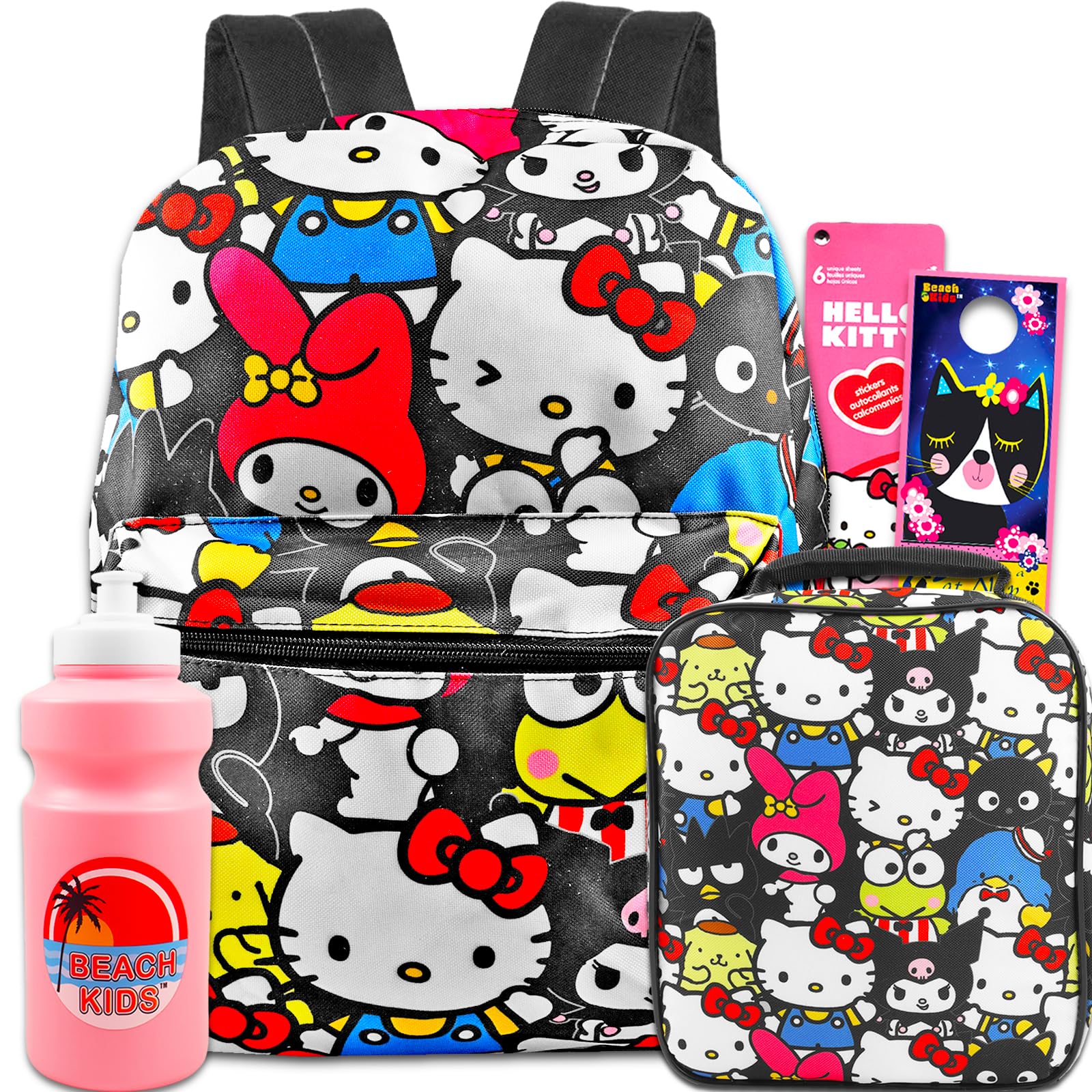 Hello Kitty Backpack with Lunch Box for Girls - Bundle with 16” Hello Kitty School Backpack, Lunch Bag, Water Bottle, Stickers, More | Hello Kitty Backpack and Lunch Box Set