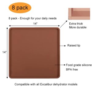 8 Pack Extra Thick 14'' × 14'' Silicone Dehydrator Sheets with Edge for Excalibur - Fruit Vegetables Leather Dehydrator Trays for Liquids - Dehydrator Mats Trays Liner Accessories