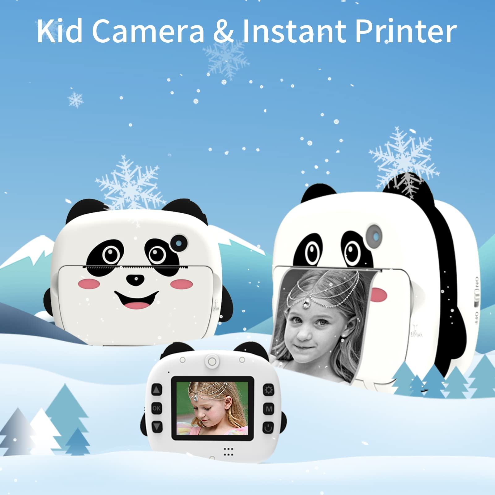 ADBEN Portable Children Instant Thermal Print Camera 2.4 Inch Screen 1080P Digital Camera Photo Selfie 1080P FHD Video Thermal Inkless Printing 3 Rolls White Print Paper Learning Toy Birthday Gift for