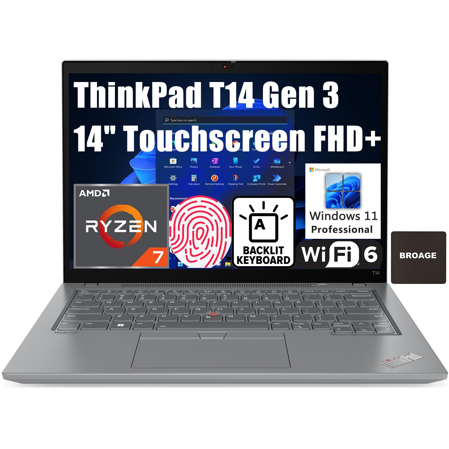 Lenovo 2023 ThinkPad T14 Gen 3 14" Touchscreen FHD+ Business Laptop Computer, Octa-Core AMD Ryzen 7 PRO 6850U (Beat i7-1280P), 16GB LPDDR5 RAM, 1TB PCIe SSD, WiFi 6E, BT 5.1, Windows 11 Pro, BROAG