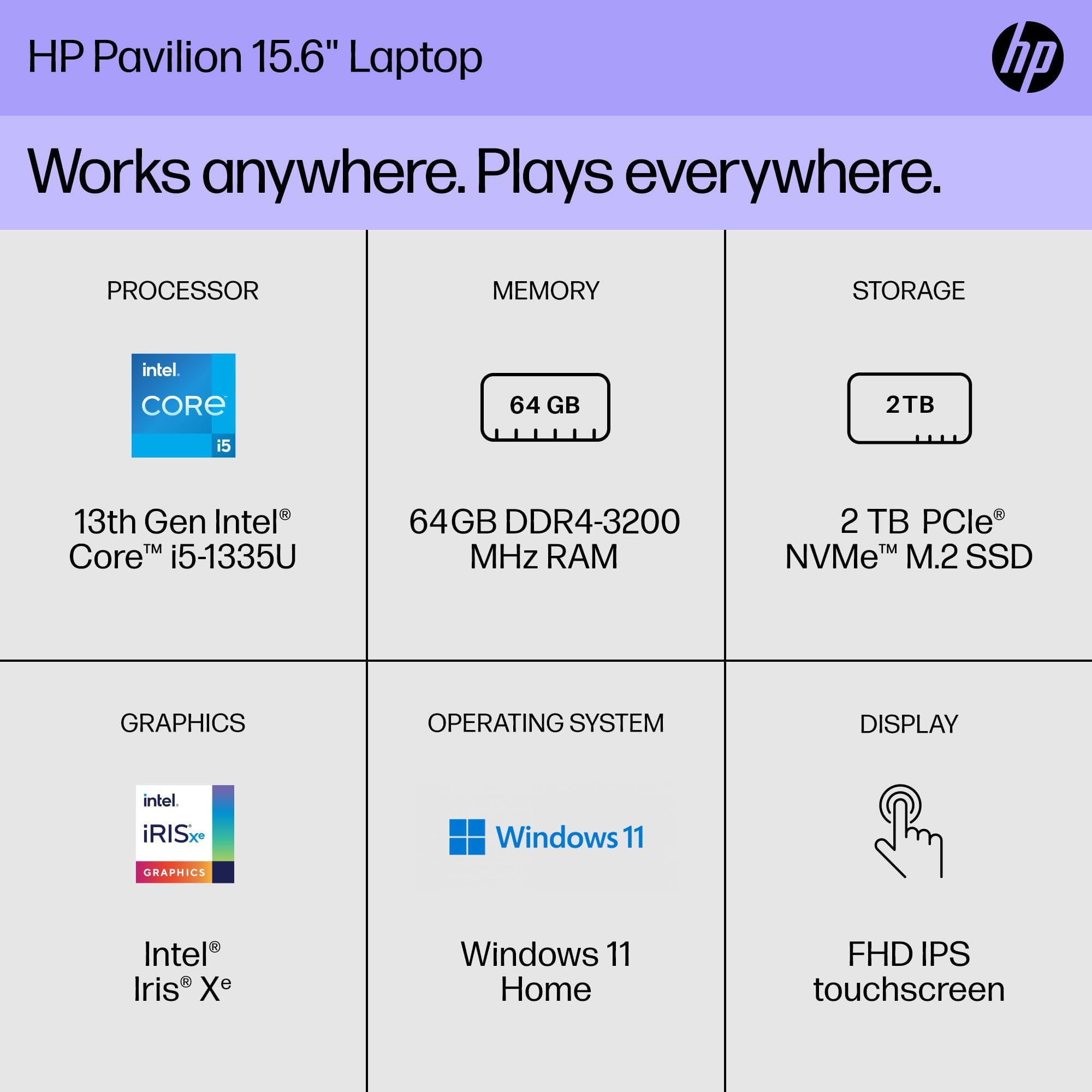 HP 2023 Newest Pavilion Laptop, 15.6" FHD IPS Touchscreen, 13th Gen Intel Core i5-1335U (10 core), 64GB RAM, 2TB SSD, Intel Iris Xe Graphic, Backlit Keyboard, WiFi6, HD Webcam, HDMI, Windows 11 Home