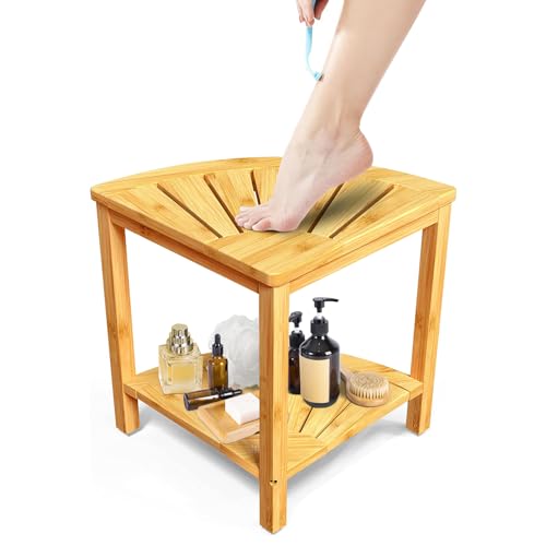 16" Bamboo Corner Shower Bench with Shelf, Corner Shower Stool for Shaving Legs, Shower Foot Rest Stool, Waterproof Wood Storage & Seat for Bathroom, Shower, Spa, Sauna, Shower Stool for Inside Shower