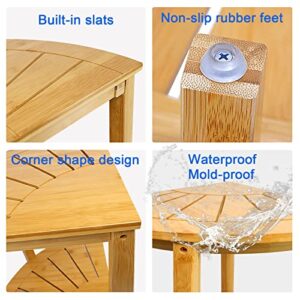 16" Bamboo Corner Shower Bench with Shelf, Corner Shower Stool for Shaving Legs, Shower Foot Rest Stool, Waterproof Wood Storage & Seat for Bathroom, Shower, Spa, Sauna, Shower Stool for Inside Shower