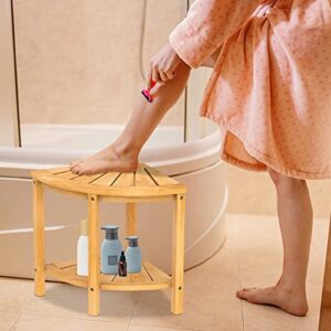 16" Bamboo Corner Shower Bench with Shelf, Corner Shower Stool for Shaving Legs, Shower Foot Rest Stool, Waterproof Wood Storage & Seat for Bathroom, Shower, Spa, Sauna, Shower Stool for Inside Shower