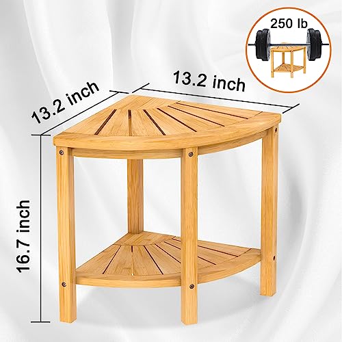 16" Bamboo Corner Shower Bench with Shelf, Corner Shower Stool for Shaving Legs, Shower Foot Rest Stool, Waterproof Wood Storage & Seat for Bathroom, Shower, Spa, Sauna, Shower Stool for Inside Shower