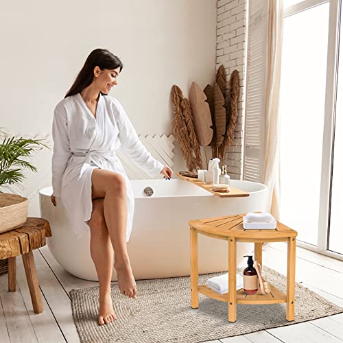 16" Bamboo Corner Shower Bench with Shelf, Corner Shower Stool for Shaving Legs, Shower Foot Rest Stool, Waterproof Wood Storage & Seat for Bathroom, Shower, Spa, Sauna, Shower Stool for Inside Shower