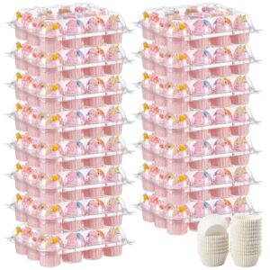 borpein cupcake containers 12 count standard(12 count x 15 sets) sturdy strong cupcake boxes for 12 cupcakes, disposable cupcake carrier holders, clear plastic containers with detachable lid