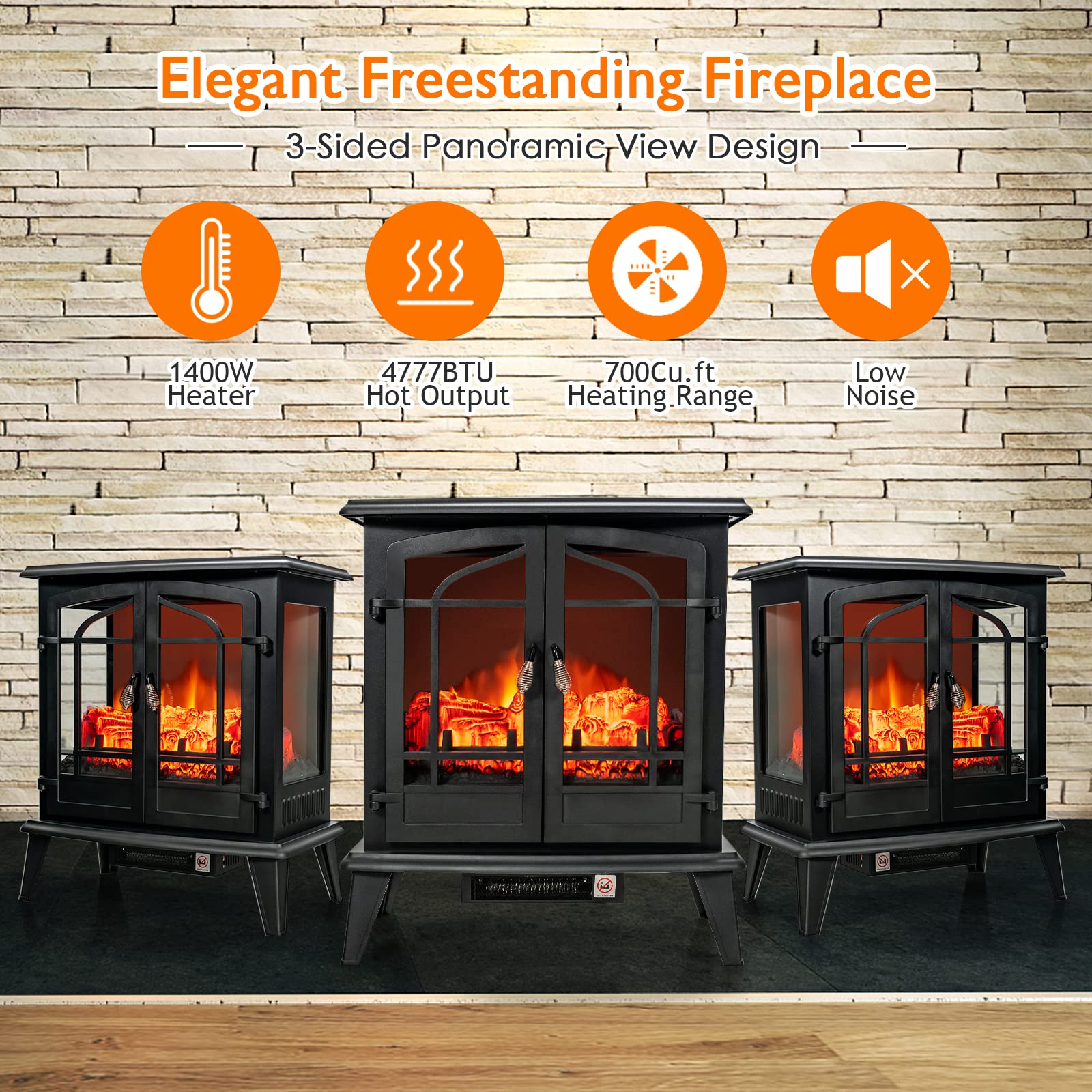 ORALNER Electric Fireplace Heater 25-Inch, Freestanding Fireplace Stove with Realistic 3D Flame Effect, Overheat Protection, Portable Fireplace for Living Room，Bedroom, 1400W, Black