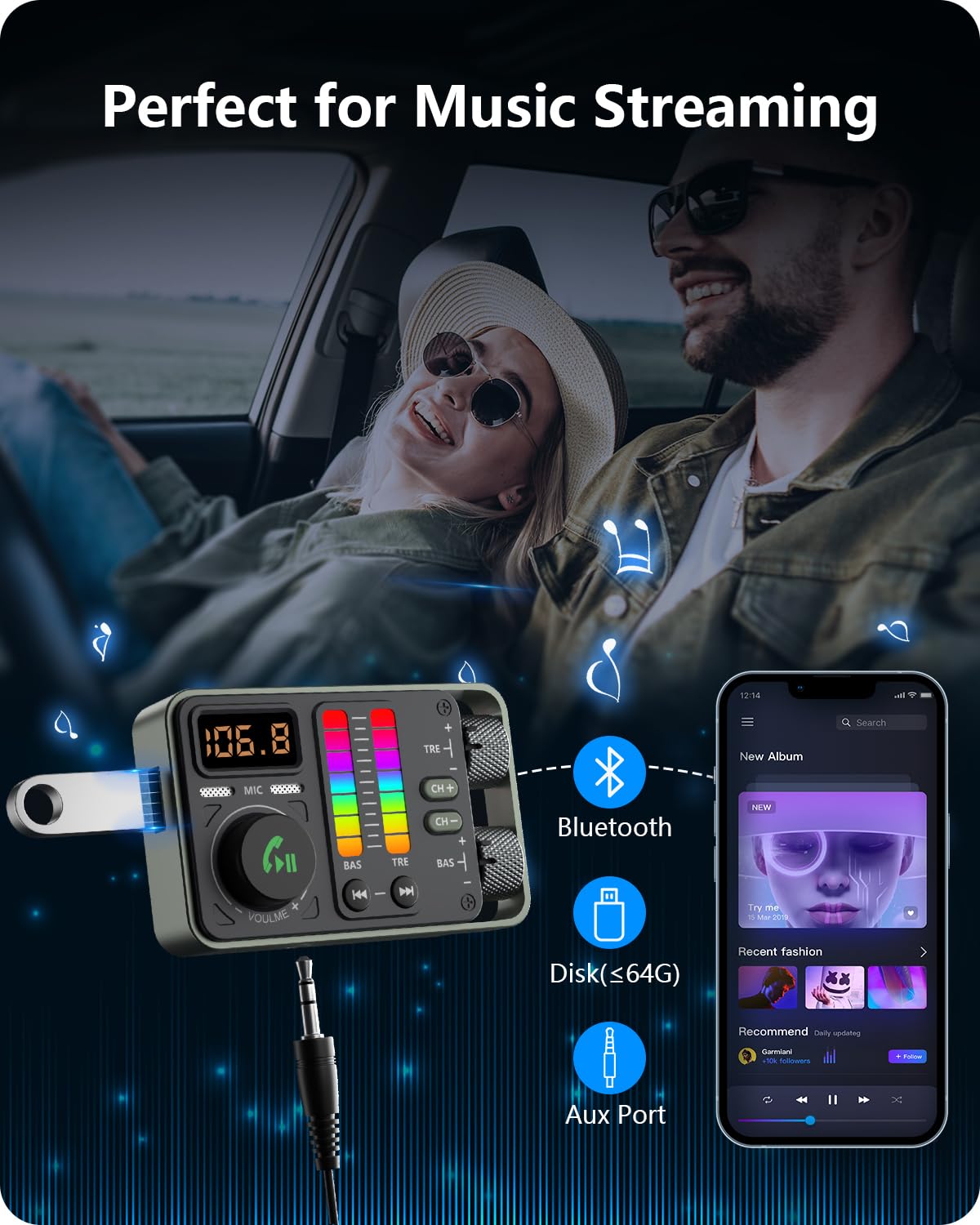 LENCENT Bluetooth 5.3 Car FM Transmitter, Hi-Fi Treble & Bass Music Player, PD20W QC18W Fast Car Charger, Radio Bluetooth Car Adapter with Dual Mics for Hands-Free Call, Siri&Google, U Disk/3.5mm AUX