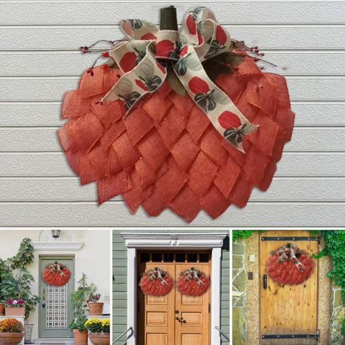 40 cm Pumpkin Wreath for Front Door,Fall Burlap Wreaths Decor with Bows and Berries,Autumn Cute Pumpkin Garland Suitable for Fall Halloween Christmas Thanksgiving Wall Home Decoration