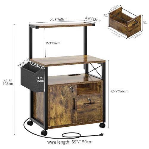 YITAHOME Wood Lateral File Cabinet, Rolling Printer Stand with Storage, Locking Office Printer Table with Socket and USB Charging Port fit A4, Letter Size for Home Office,Brown