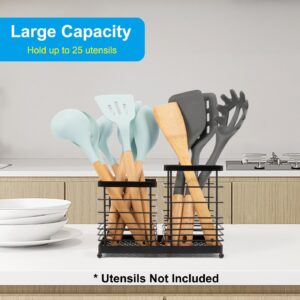 RedCall Utensil Holder for Countertop,Stainless Steel Kitchen Holder,2-In-1 Spoon Spatula Holder for Kitchen Counter,Large Wire Utensils Organizer,Black Cooking Tool Holder Storage Crock