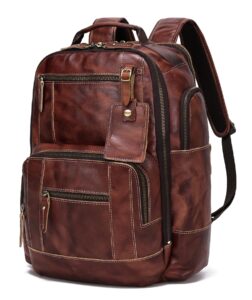 lannsyne full grain leather backpack for men, fits 16" laptop, coffee