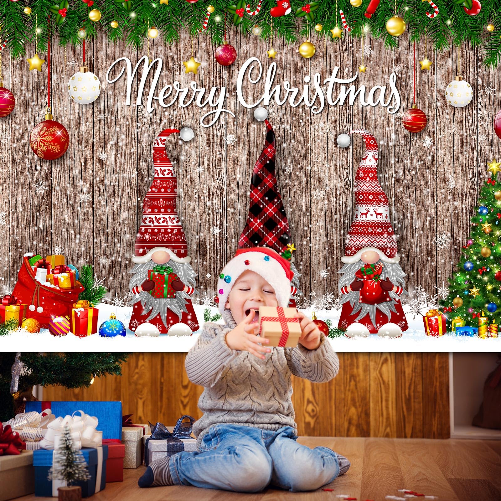 Christmas Backdrop Merry Christmas Party Decoration Christmas Photo Banner Signs Xmas Photography Background Photo Props for Winter New Year Xmas Eve Family Party Decoration Supplies (Gnome)