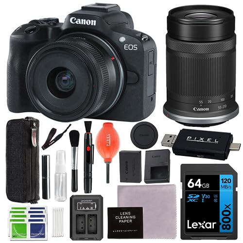 Canon EOS R50 Mirrorless Camera with 18-45MM and 55-210MM Lens Kit (Black) with Advanced Accessory and Travel Bundle | 5811C022 | canon eos r50