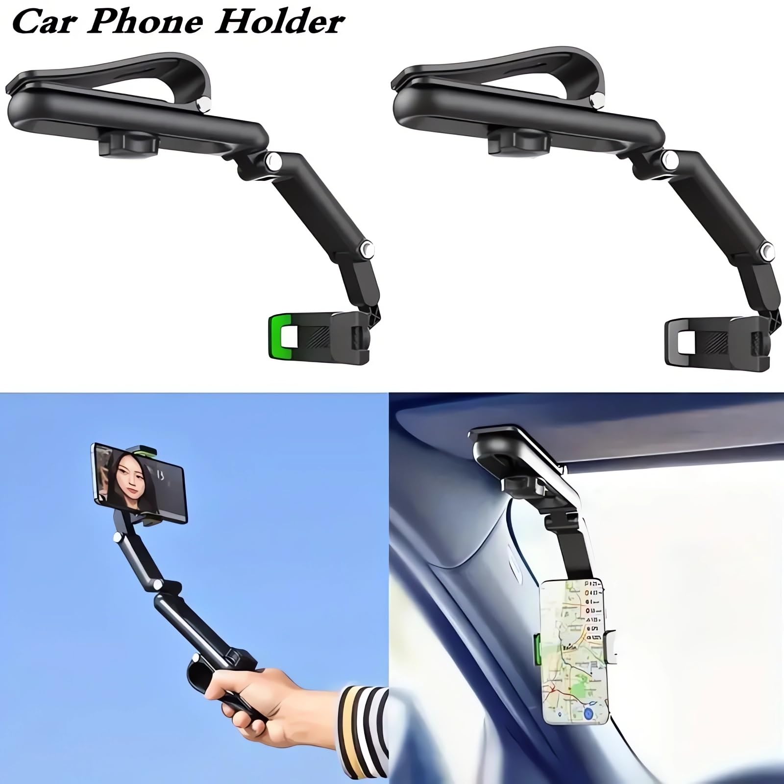 Rotatable and Retractable Car Phone Holder - 2024 New 1080° Multifunction Sun Visor Universal 360 Rotating Cell Phone Holder Mobile Mount for Vehicle Rear View Mirror (A1)