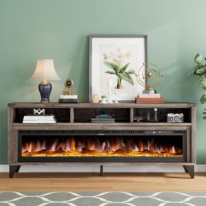 luxoak 65“ fireplace tv stand, farmhouse entertainment center with 60" tempered glass electric fireplace, industrial media console with open storage space for tvs up to 75", light gray