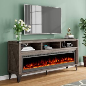 LUXOAK 65“ Fireplace TV Stand, Farmhouse Entertainment Center with 60" Tempered Glass Electric Fireplace, Industrial Media Console with Open Storage Space for TVs up to 75", Light Gray