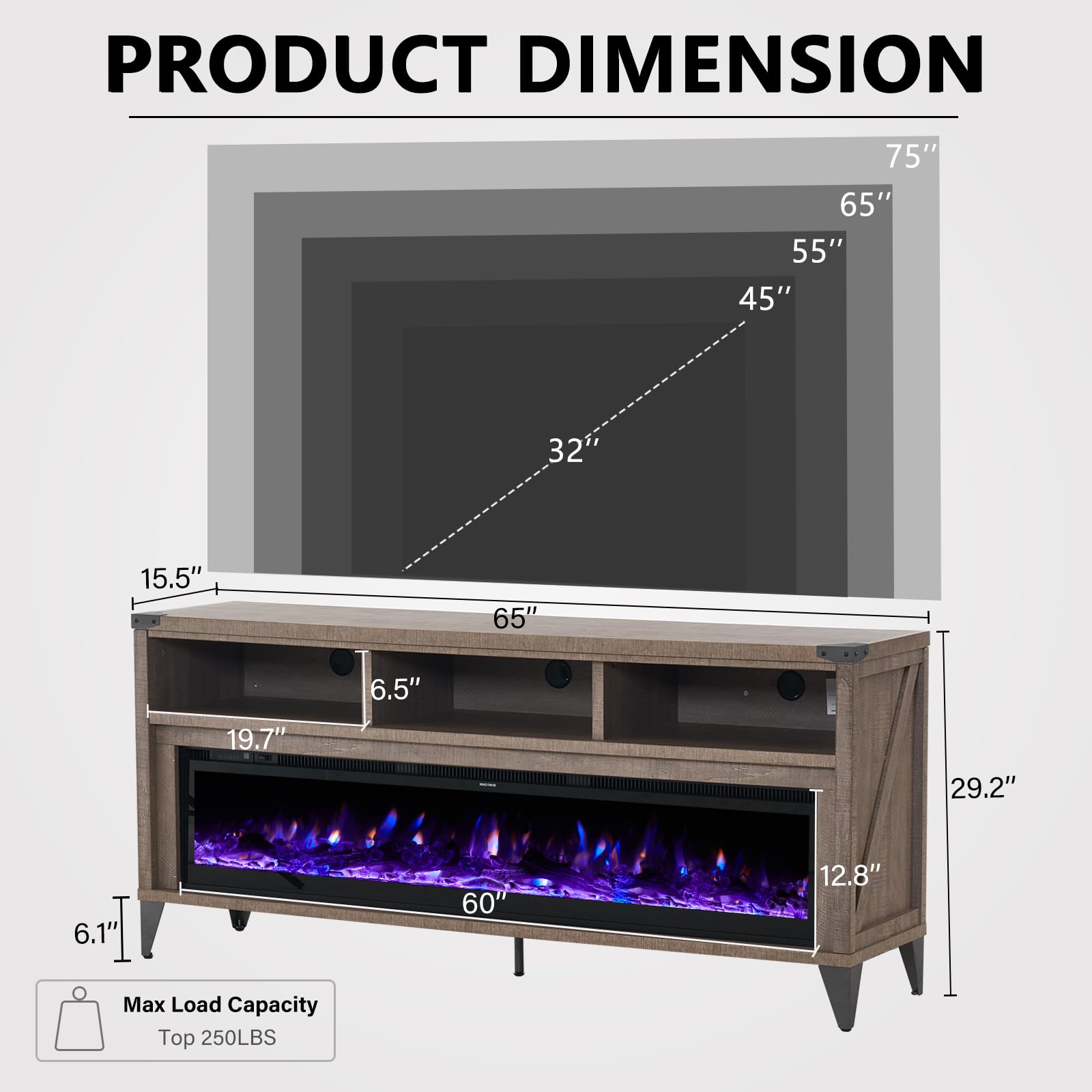 LUXOAK 65“ Fireplace TV Stand, Farmhouse Entertainment Center with 60" Tempered Glass Electric Fireplace, Industrial Media Console with Open Storage Space for TVs up to 75", Light Gray