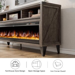 LUXOAK 65“ Fireplace TV Stand, Farmhouse Entertainment Center with 60" Tempered Glass Electric Fireplace, Industrial Media Console with Open Storage Space for TVs up to 75", Light Gray