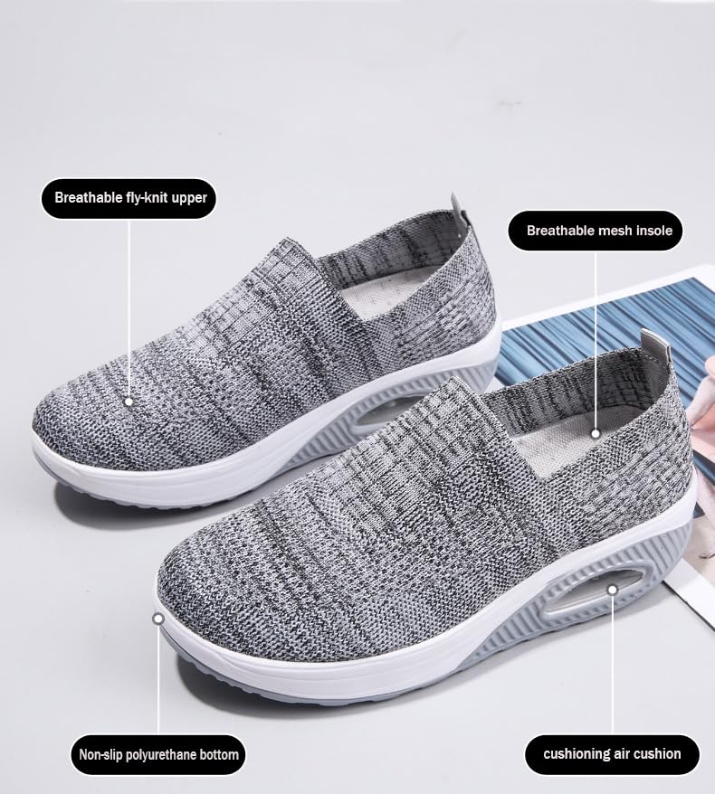 Women Mesh Air Cushion Orthopedic Diabetic Walking Shoes Slip-on Platform Sneakers Breathable Lightweight with Arch Support Wedge Rocker Shoes (Dark Gray,7,Women,7)