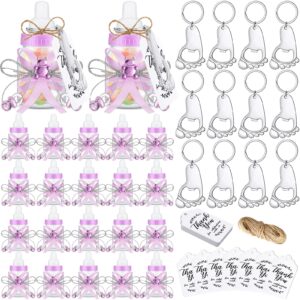 sunnyray 72 pcs baby shower bottle favors 24 baby mini milk bottles 24 baby footprint keychain bottle opener 24 thanks tags party favors gift for girl boy baby shower decorations (purple, silver)