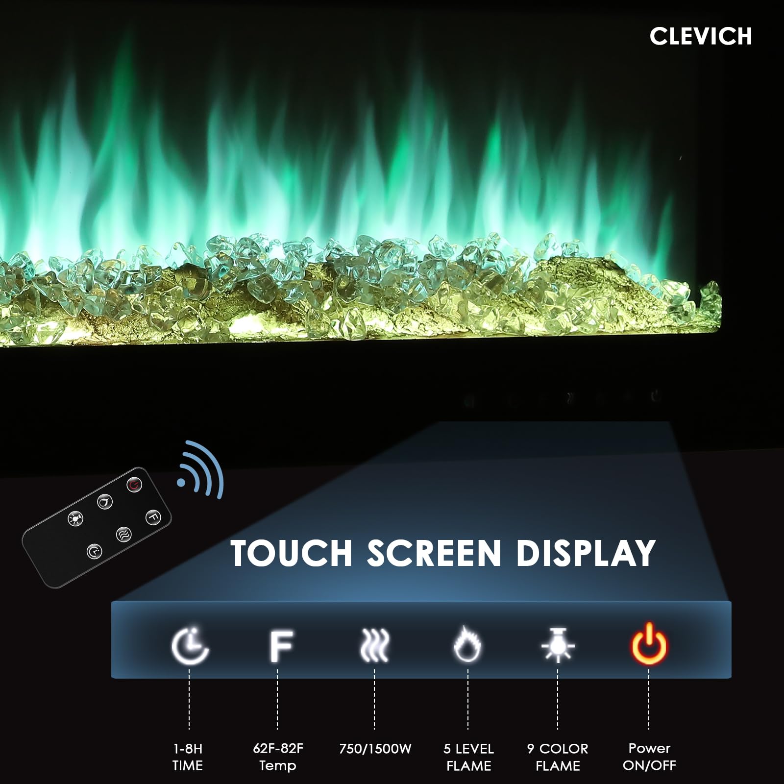 Clevich 60 inches Electric Fireplace Insert and Wall Mounted with Multicolor Flame,750w/1500w Fireplace Heater Low Noise,Fire Place for The Living Room,Touch Screen Remote Control with Timer,Black