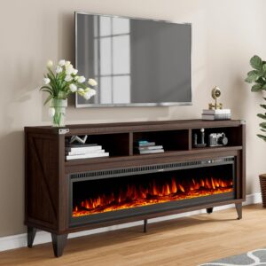 LUXOAK 65“ Fireplace TV Stand, Farmhouse Entertainment Center with 60" Tempered Glass Electric Fireplace, Industrial Media Console with Open Storage Space for TVs up to 75", Espresso