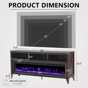 LUXOAK 65“ Fireplace TV Stand, Farmhouse Entertainment Center with 60" Tempered Glass Electric Fireplace, Industrial Media Console with Open Storage Space for TVs up to 75", Espresso