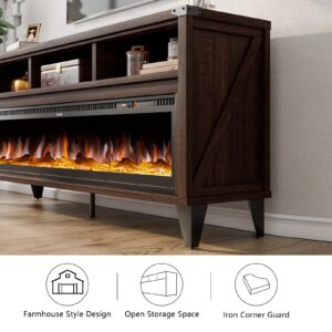 LUXOAK 65“ Fireplace TV Stand, Farmhouse Entertainment Center with 60" Tempered Glass Electric Fireplace, Industrial Media Console with Open Storage Space for TVs up to 75", Espresso